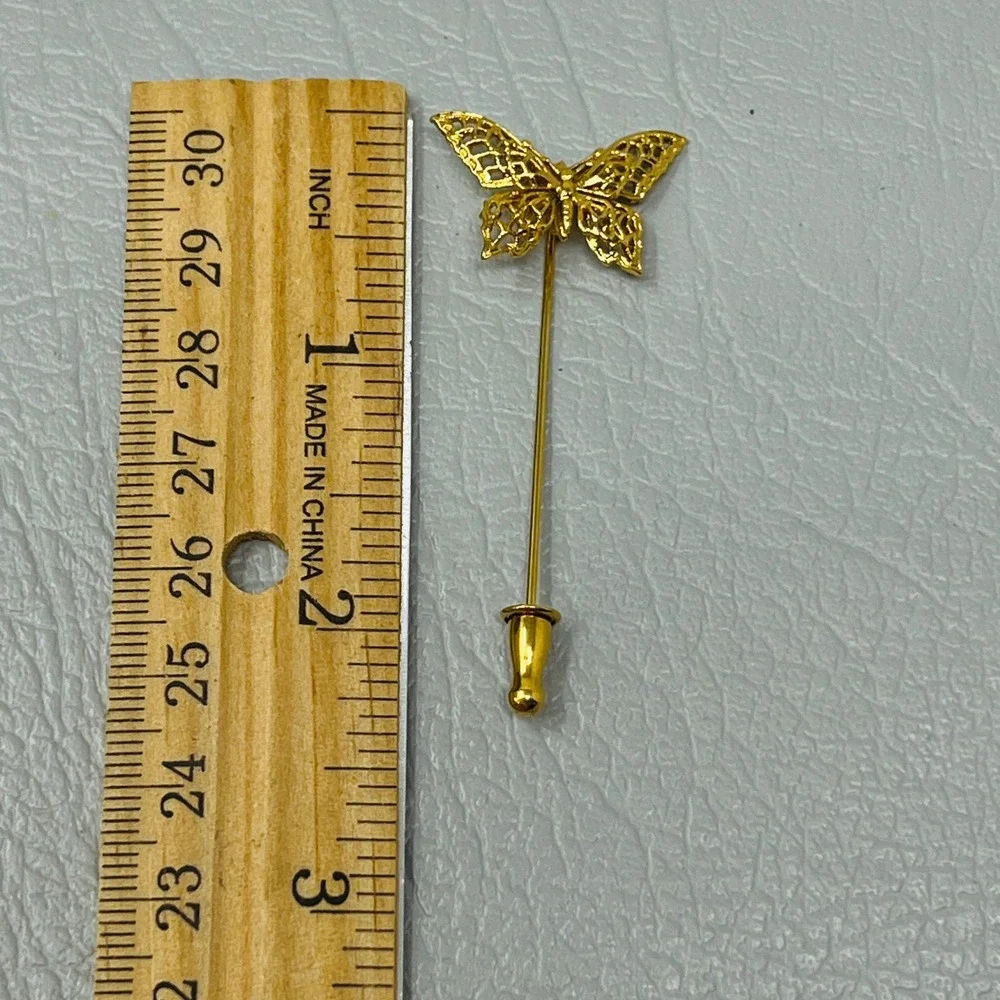 Vintage‎ Stick Pin Butterfly Filigree Long Gold Tone Lapel Classic Style